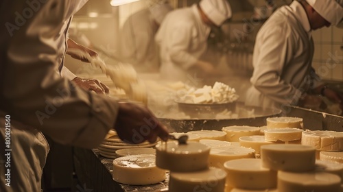 A Fascinating Process of Cheese Production With Skilled Craftsmen at Work. copy space for text.