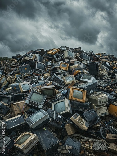 E-waste, electronic garbage, toxic, a massive pile of discarded computers, phones, and cables in a landfill Overcast, dramatic shadows, HDR