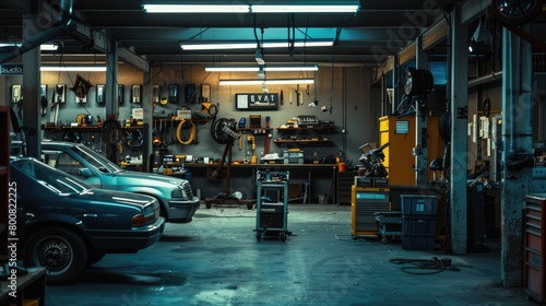 Describe the scenario captured at the midpoint of a visual journey through an image of a car repair shop. 
