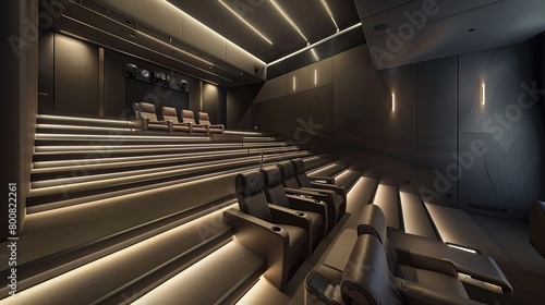 A sleek home cinema with tiered seating and a widescreen projector