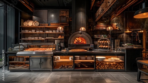 Create an inviting display of a contemporary pizzeria, with wood-fired ovens, pizza tossers, and a menu of gourmet pizza creations. copy space for text.