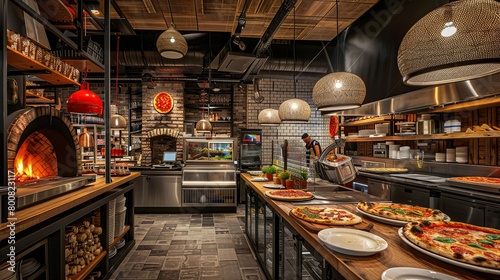 Create an inviting display of a contemporary pizzeria, with wood-fired ovens, pizza tossers, and a menu of gourmet pizza creations. copy space for text.