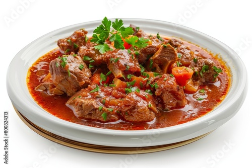 Beef stew goulash with sauce on white background