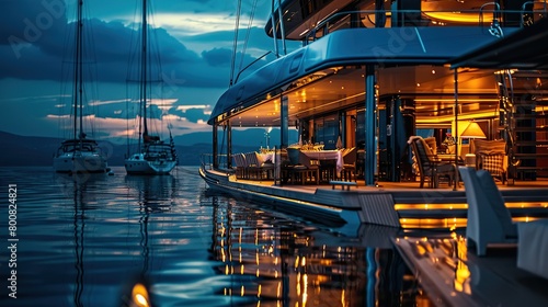 The image shows a large yacht lit up at night. There are other boats in the background.