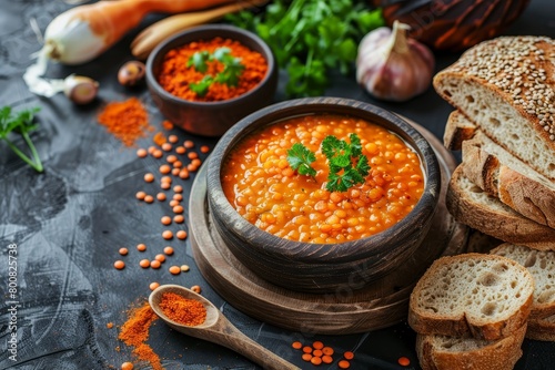 Blend of red lentil soup with rye bread lentils and spices Low calorie Eastern vegetarian meal Organic