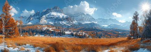The scenery of the Manuredong mountain range in autumn, featuring golden larch trees and snowcapped mountains. Created with Ai