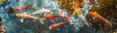 Carp meander in serene ponds, their colors a muted palette of oranges and golds, reflecting calm, kawaii water color