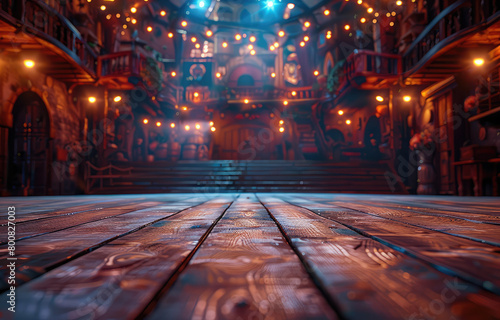  medieval wooden stage, fantasy style, cinematic light effects, volumetric lights. Created with Ai