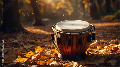 "Traditional tabla percussion instrument in a leafy forest setting: traditional tabla music instruments in a forest