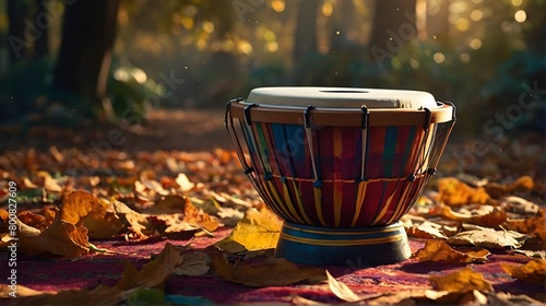 indian Tabla instrument blending with woodland leaves: traditional tabla music instruments in a forest