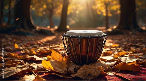 Exploring the wilderness: tabla drum in a leaf-strewn forest: traditional tabla music instruments in a forest