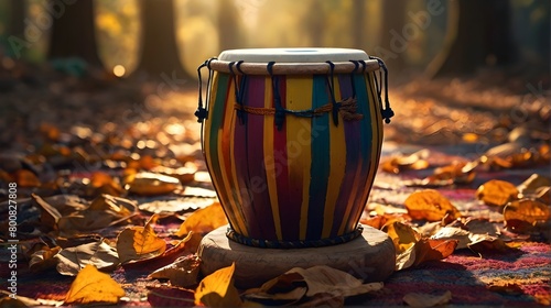Tabla drum amidst vibrant fall foliage in the forest : traditional tabla music instruments in a forest