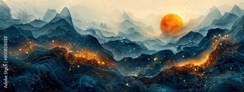 A long blue and orange wave of light with stars and a black background