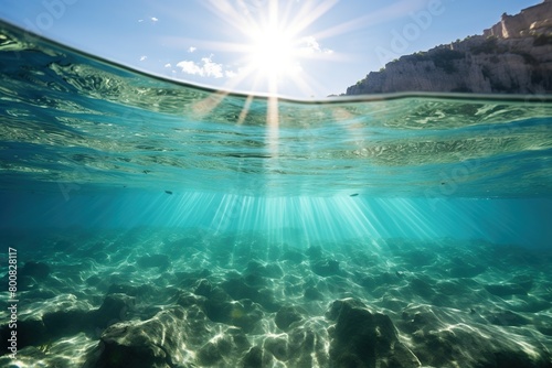 A transparent bay with rays gliding effortlessly beneath the surface 