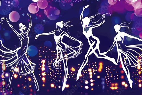 Cartoon cute doodles of a rooftop dance performance, with graceful dancers twirling and spinning to the rhythm of upbeat music against a backdrop. Generative AI