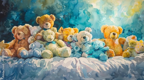 Stuffed animals crowd a bed, a soft menagerie of comfort and dreams in the quiet of the night, bright water color