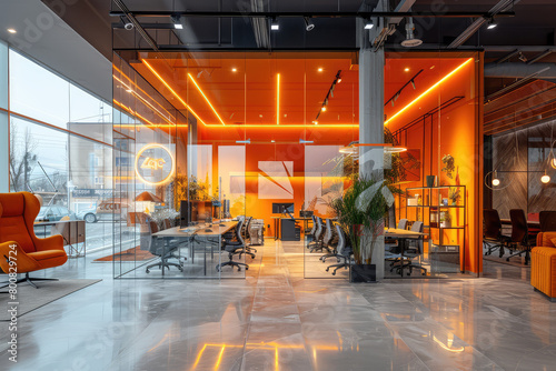  The circular window in the office space is made of glass and surrounded by orange lights, creating an artistic atmosphere with a wide angle lens. Created with Ai