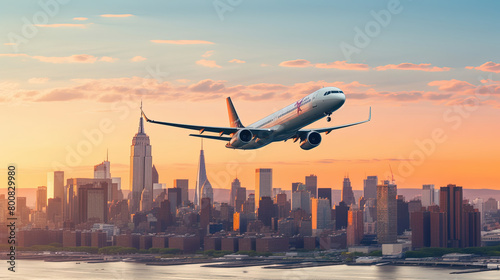 plane flying over new york city when sunset comes, the sky look beautiful with golden sunset