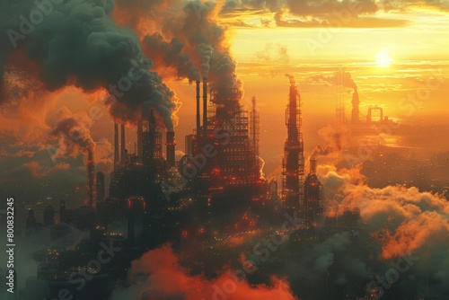 A cityscape with a large factory emitting smoke and a sun in the background
