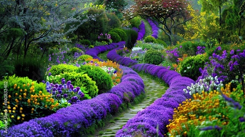 This image shows a garden path with purple and yellow flowers on both sides of the path. The flowers are tall and in bloom. The path is made of dirt and is surrounded by green grass.