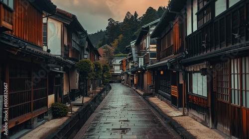 This image shows a narrow street with traditional Japanese houses on both sides.