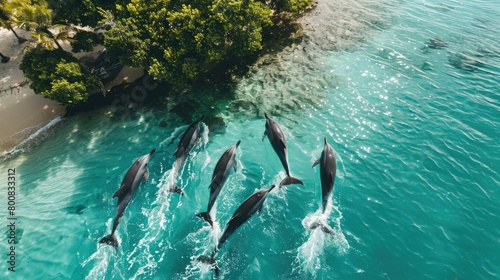 Joining a pod of playful dolphins as they leap and frolic in the crystal-clear waters 