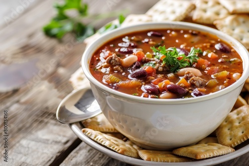 Chili soup with beans beef tomatoes spices and crackers