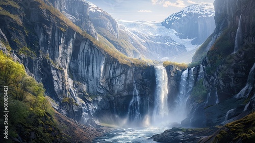 This image is of a waterfall in a valley. The waterfall is surrounded by tall cliffs and mountains. The water is white and foamy, and it falls into a pool of water at the bottom of the cliff.