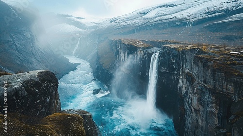 This image is of a waterfall in a valley. The waterfall is surrounded by tall cliffs and mountains. The water is white and foamy, and it falls into a pool of water at the bottom of the cliff.