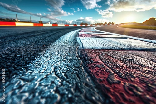 Asphalt of the international race track with a race car at the start. Racer on a racing car passes the track.