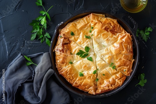 Classic feta cheese pie in a skillet from above