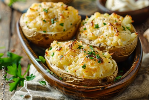 Close up of French onion and Gruyere cheese stuffed baked potatoes in a bowl on the table
