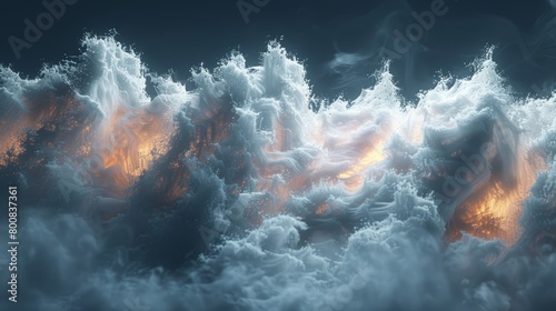  A cluster of clouds in the sky radiates a brilliant orange light from their heart, situated centrally within the image
