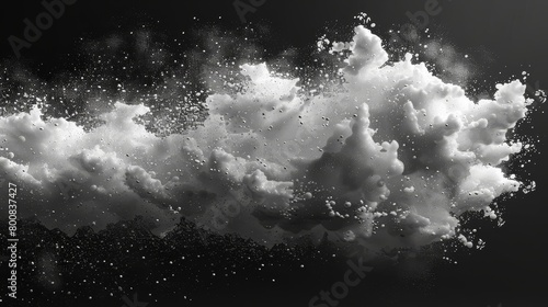  A monochrome image of a cloud in the sky, exhibiting precipitation as water droplets emerge from its top