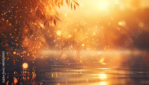 An abstract background in goldenrod and charcoal, where defocused lights suggest the warm, radiant glow of a summer sunset over a serene lake. The atmosphere is warm and nostalgic.