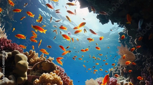 Observing a school of shimmering angelfish as they dance around a coral archway 