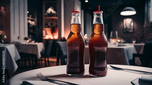 Two glass soft drink with ice in restaurant background