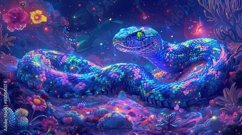 Huge fantastic snake against the backdrop of a fabulous neon landscape