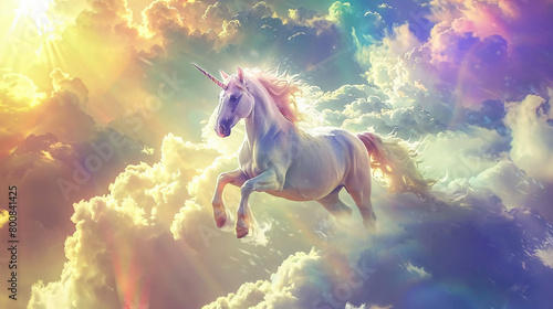 Unicorn rides on clouds in the sky.