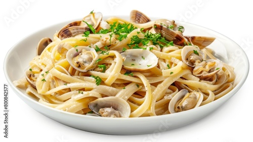 Savory linguine with clams in a white wine sauce, fresh herbs, well-lit against an isolated background