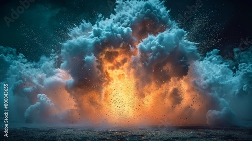  A sizable plume of orange and blue mist rising from a body of water against a backdrop of darkness
