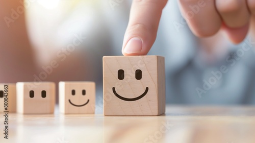 Concept of customer satisfaction services. A wooden block in the hand with a happy face icon to indicate level of satisfaction. Reviews of services and ratings of customer satisfaction.