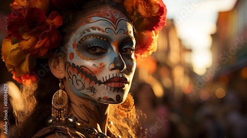 Lively Street Scene, Woman Celebrating with Day of the Dead Makeup, Vibrant Floral Decor