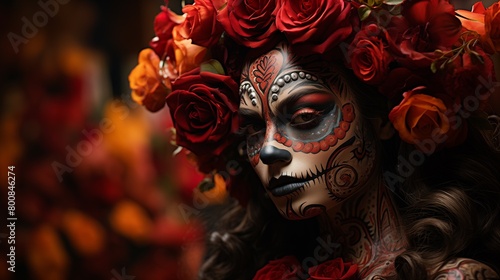 Captivating Portrait, Woman Adorned with Day of the Dead Makeup and Fiery Roses, Festive Background