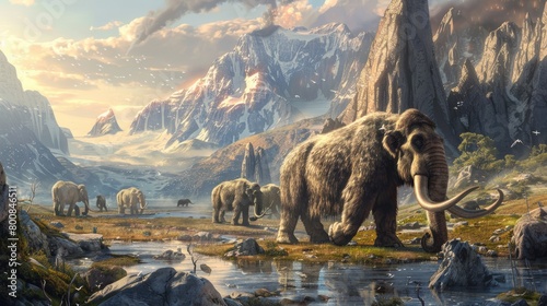 Prehistoric era with cavemen, mammoths, and volcanic landscapes 