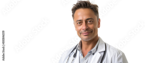Portrait of happy male doctor in well-proportioned health attire, smiling at the camera isolated on white background