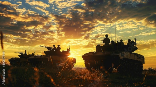 silhouette of soldiers and defense equipment in the sunset. on the battlefield ground war.
