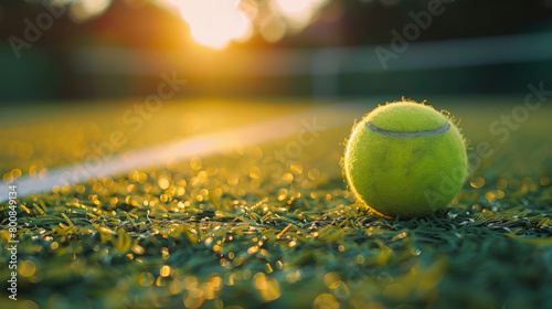 A tennis ball on a sunlit court with shadows stretching, signaling an evening game or practice session has concluded.