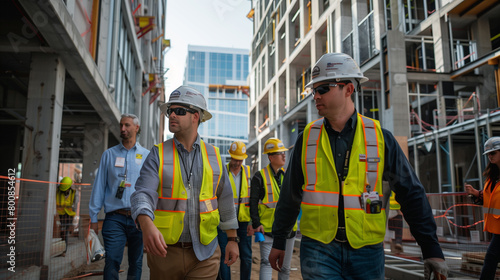 team of builders in vests and construction helmets walk along a construction site between buildings under construction.
