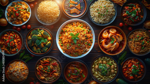 A delectable variety of Asian cuisine dishes including noodles, rice, soups, and stir-fries, beautifully presented and garnished.